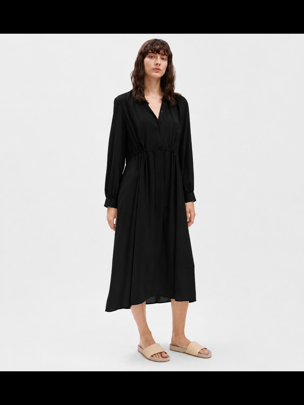 Women's Black Long Sleeve Drawstring Waist Dress